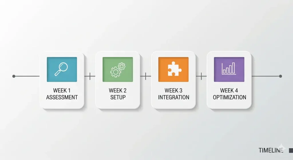 30-day AI implementation timeline for small businesses with weekly milestones.