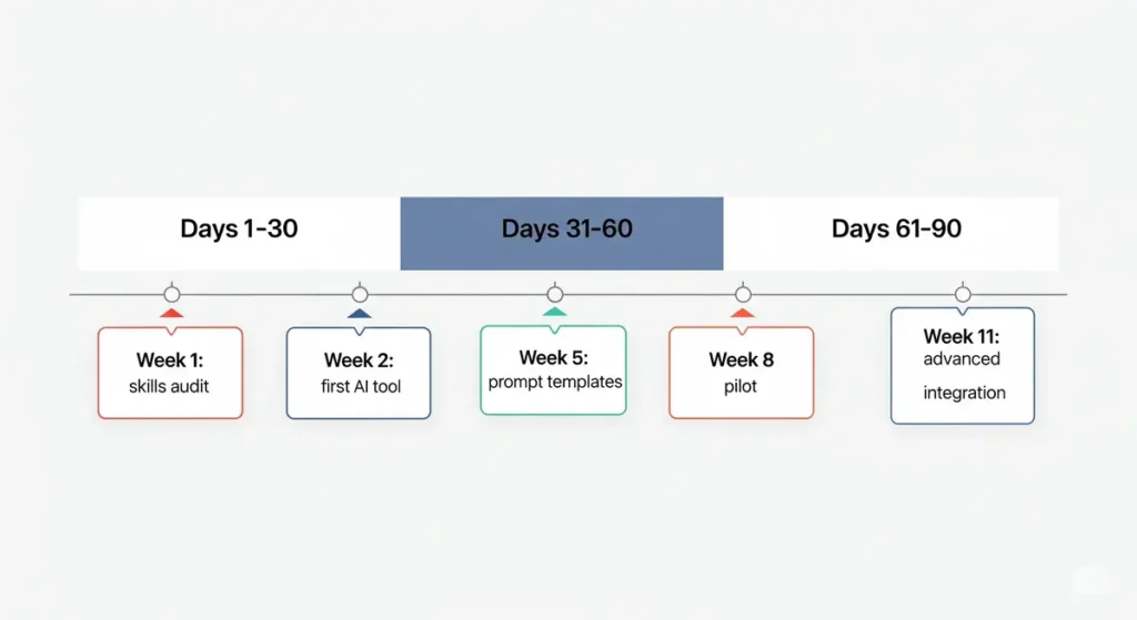 90-day transformation timeline with Day 1–30, 31–60, 61–90 milestones and weekly actions.
