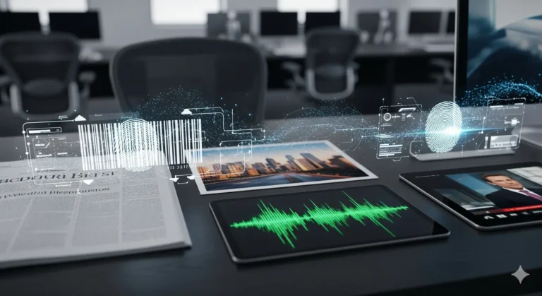 Conceptual illustration of SynthID invisible watermarking overlaying text, image, audio waveform and video frame