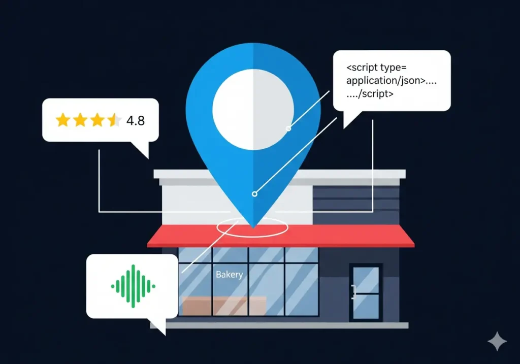 AI improving local SEO with schema markup, review replies, and voice search optimization.
