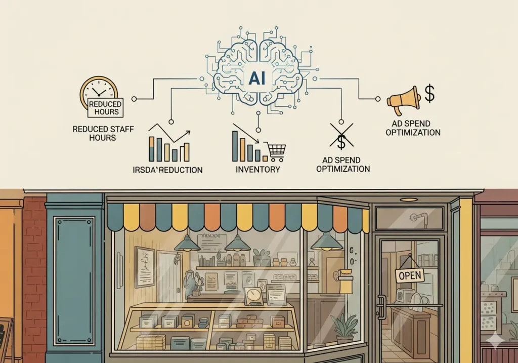 Illustration of AI reducing costs for a small business across operations and marketing.