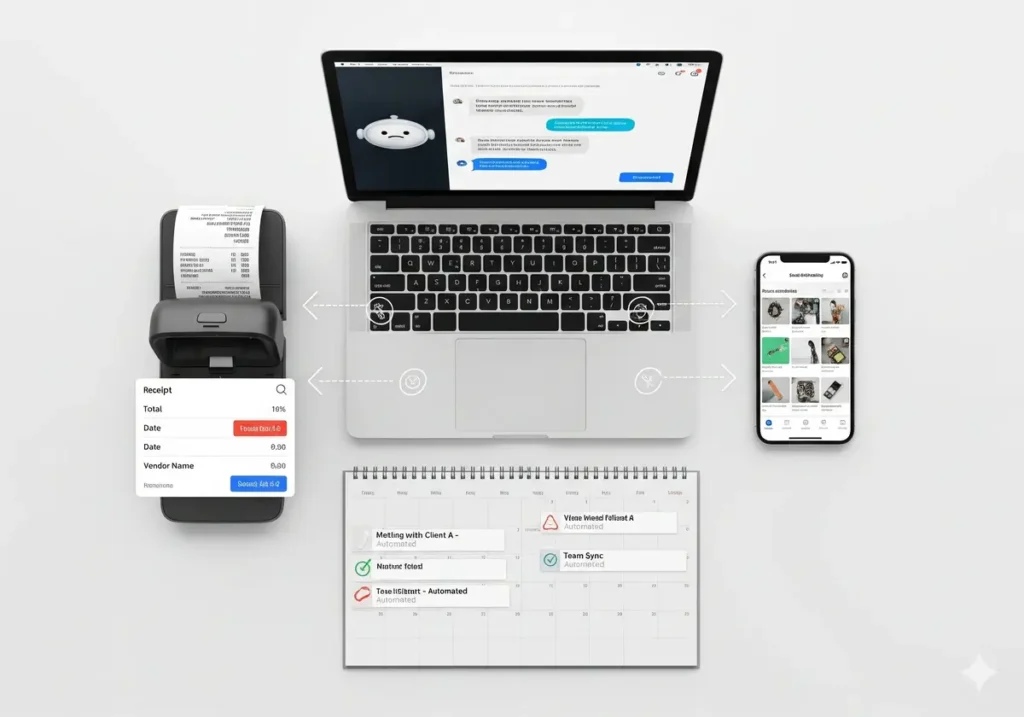 Desk showing AI tools automating bookkeeping, scheduling and social posts for small businesses.
