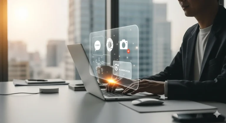 Person using laptop with holographic AI icons — Artificial Intelligence beginner's guide 2025