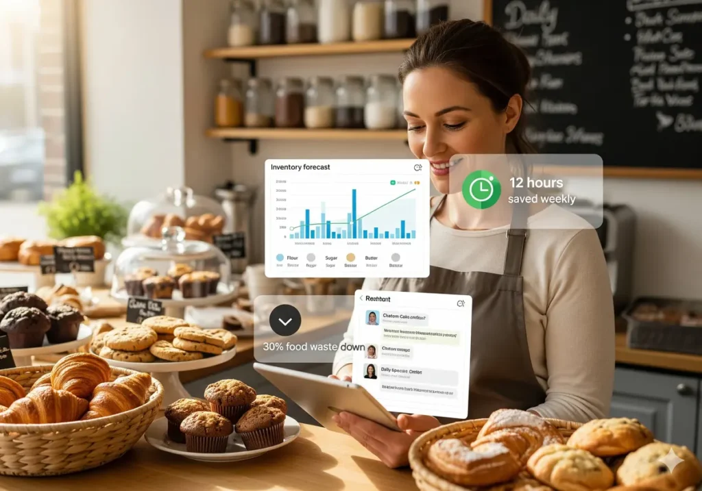 Bakery owner using AI to manage inventory and customer messages, saving time and reducing waste.