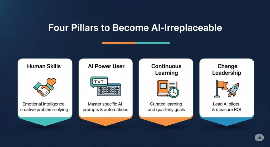 Four pillars to become AI-irreplaceable: human skills, AI power user, continuous learning, change leadership.