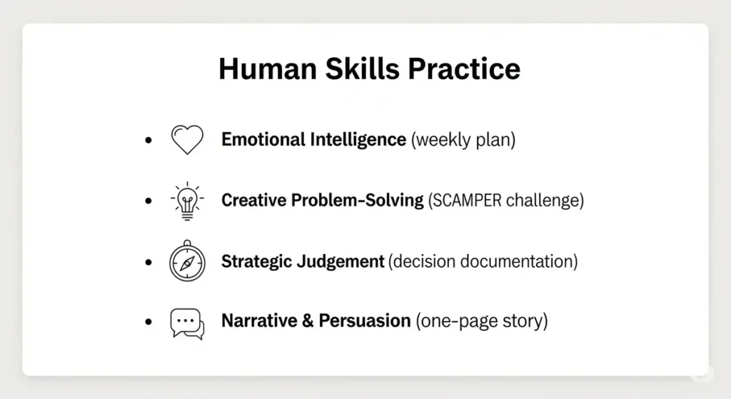 Checklist for human skills: emotional intelligence, creative problem-solving, strategic judgement, narrative persuasion.