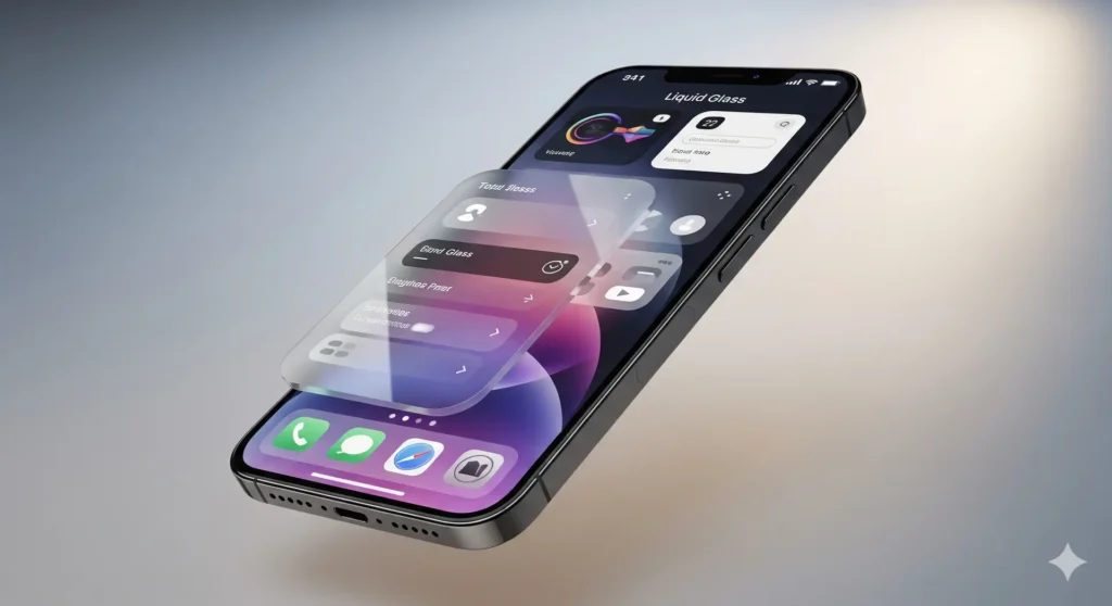 iPhone mockup showcasing iOS 26 Liquid Glass home screen — new translucent widgets and refined icons (WWDC 2025).