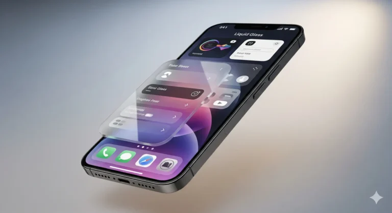 iPhone mockup showcasing iOS 26 Liquid Glass home screen — new translucent widgets and refined icons (WWDC 2025).