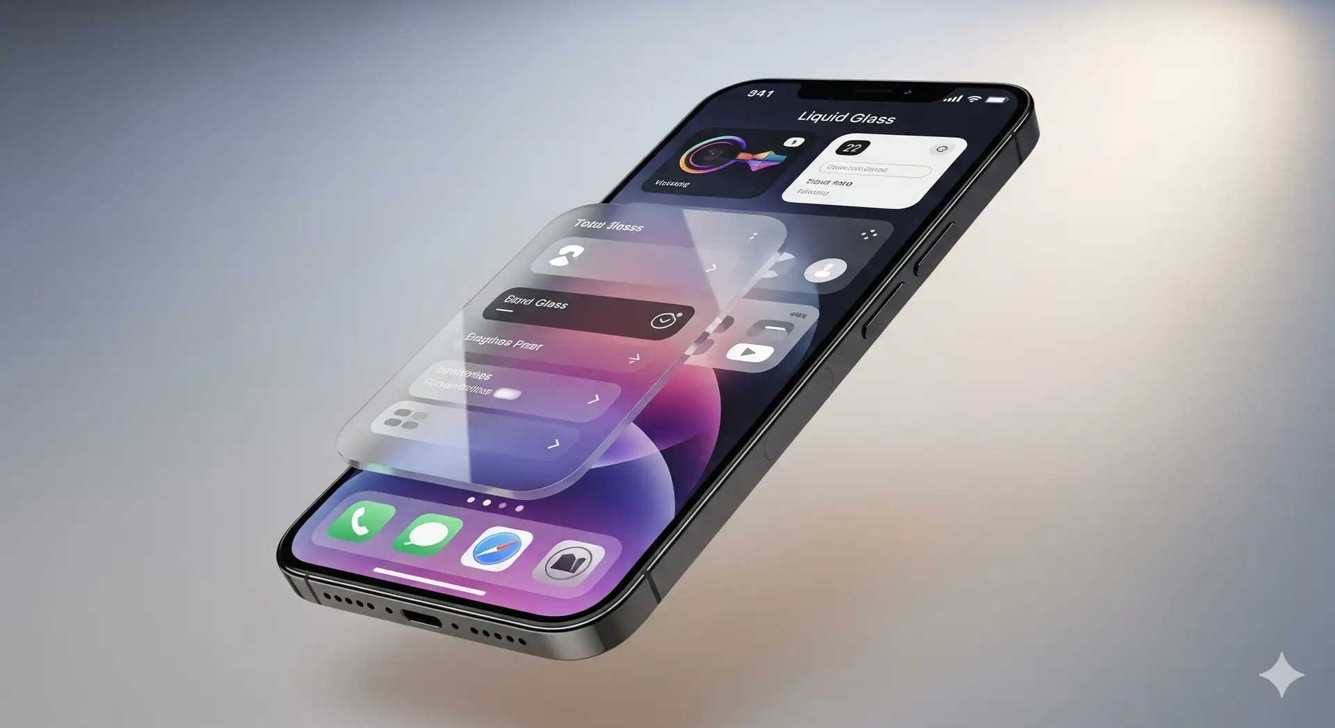 iPhone mockup showcasing iOS 26 Liquid Glass home screen — new translucent widgets and refined icons (WWDC 2025).