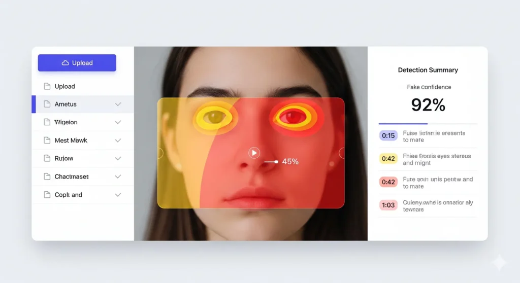 Mockup of SynthID Detector interface showing an upload panel and a heatmap overlay on an image file