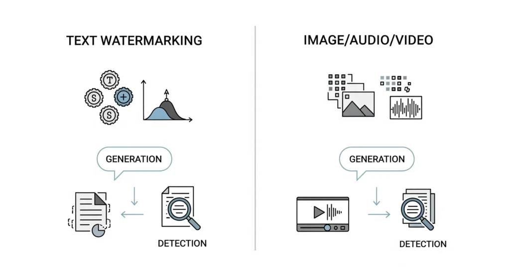 Two-column infographic explaining token-level text watermarking vs. pixel/sample media watermarking.