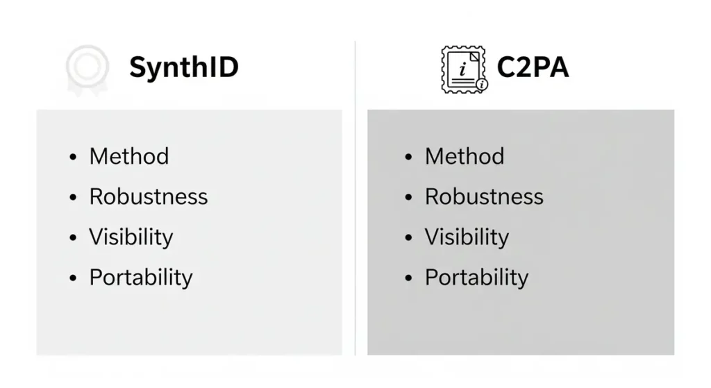 Side-by-side comparison card showing SynthID (invisible watermark) vs C2PA (metadata signatures)