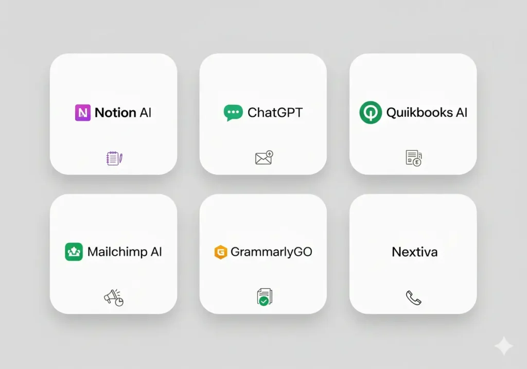 Grid of top AI tools for small businesses in 2025 including Notion AI and QuickBooks AI.