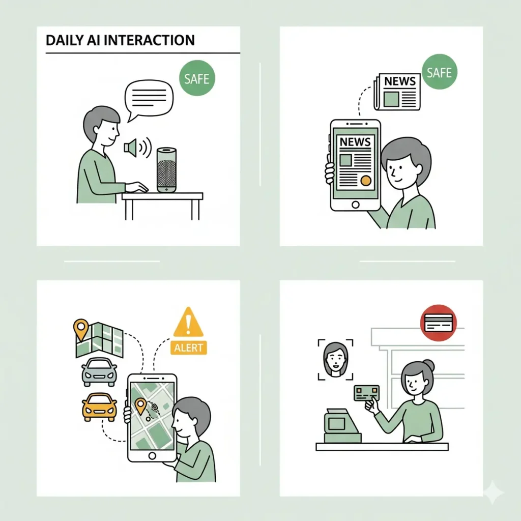 Infographic illustrating common AI interactions: using a smart speaker, checking news on a smartphone, navigating traffic, and paying with facial recognition in daily life.