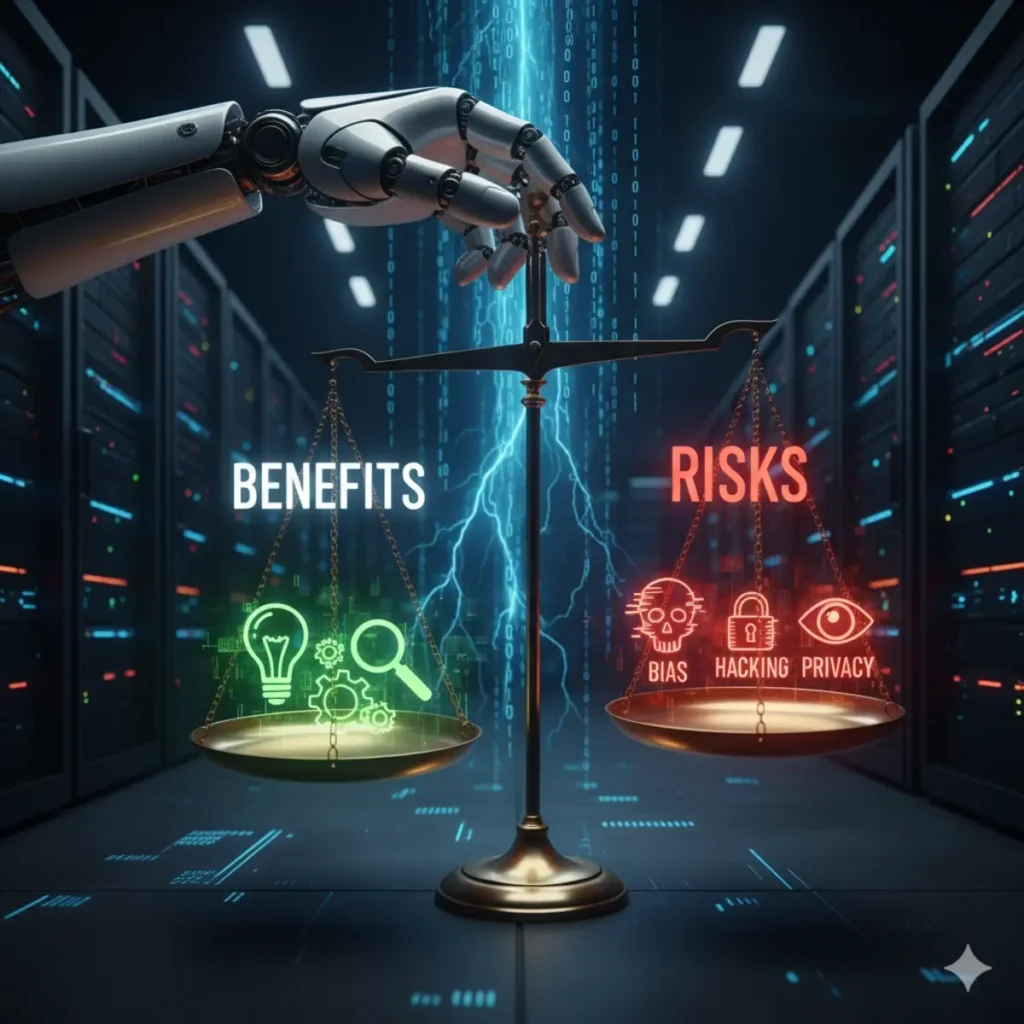 AI risks and benefits balanced on a scale