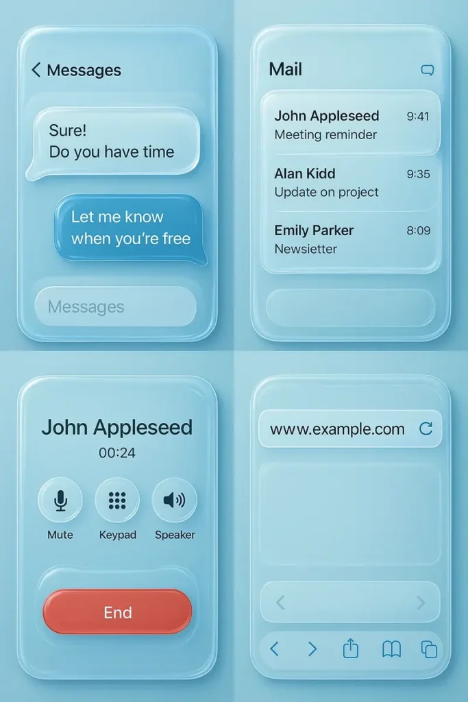 Montage of iOS 26 redesigned core apps — Messages, Mail, Phone and Safari with Liquid Glass visuals.