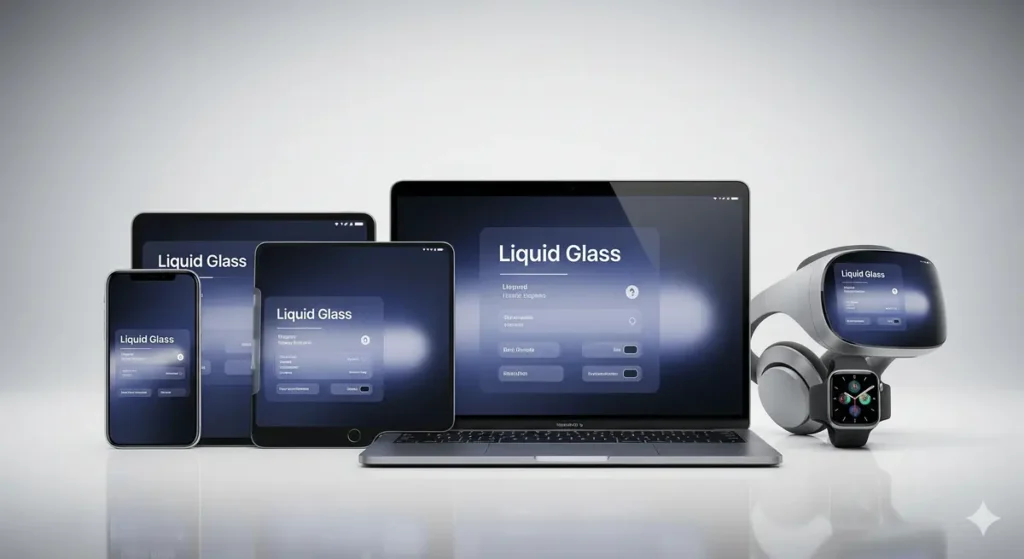 iPhone, iPad, Mac, Apple Watch and Vision headset showing consistent Liquid Glass UI across Apple devices.