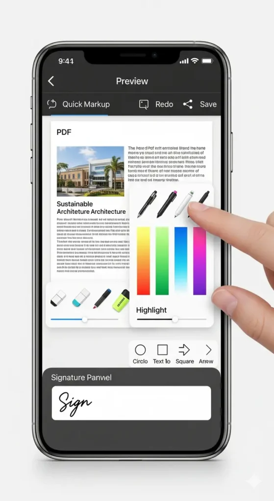 iPhone running iOS 26 Preview app showing PDF annotation, highlights and signature tools.