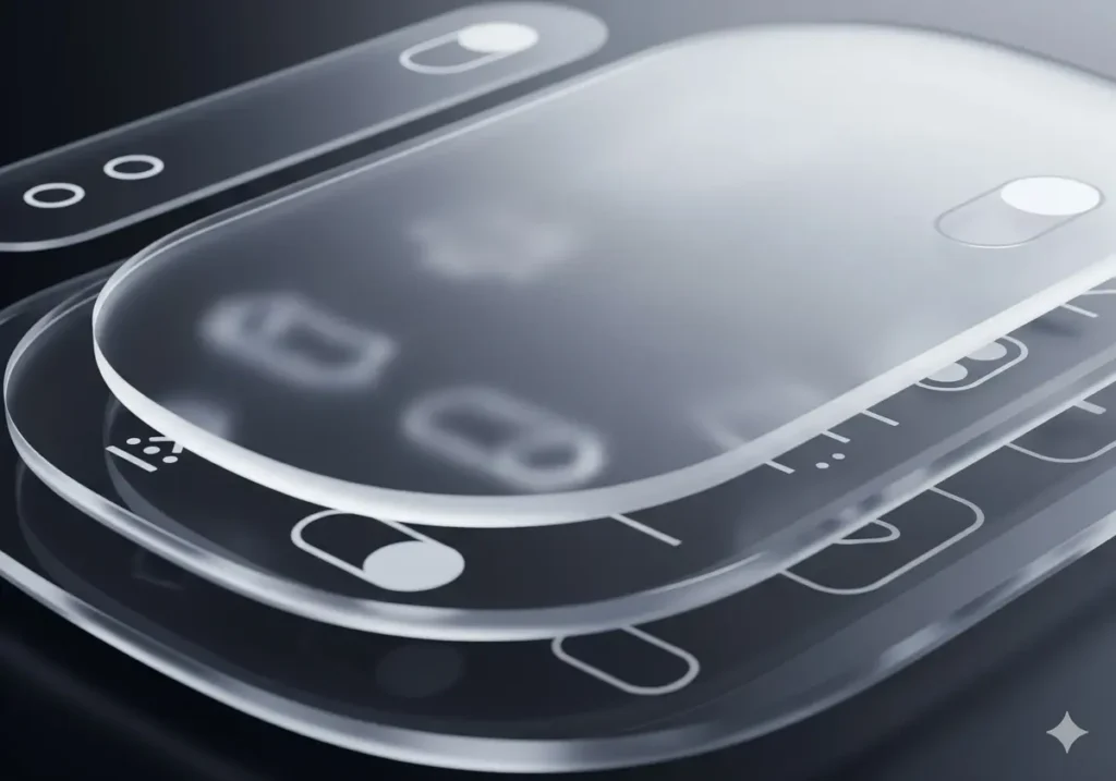Close-up of Liquid Glass UI elements in iOS 26 showing translucent cards, depth and subtle glow.