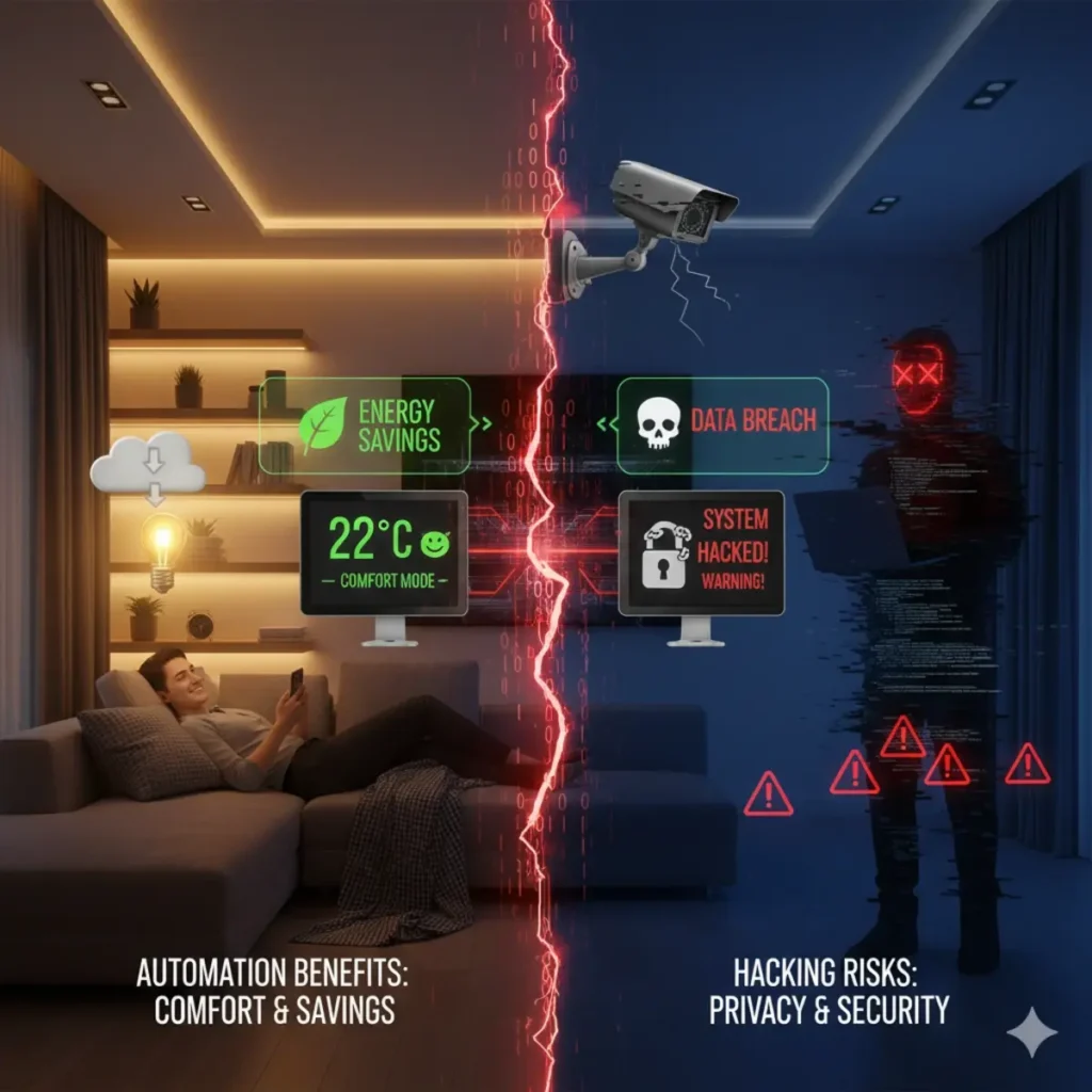 Smart home AI showing automation benefits and security risks